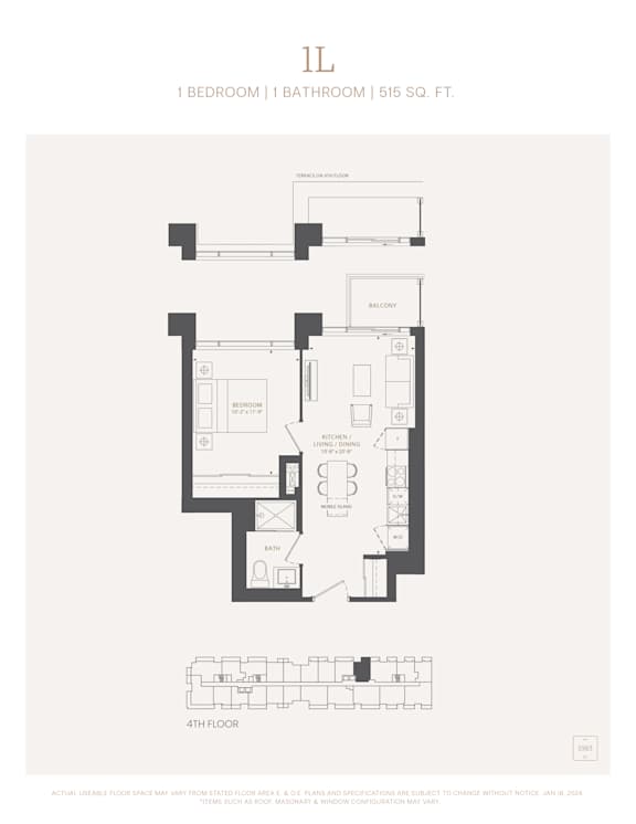 A floor plan of a 1 bedroom, 1 bathroom apartment sized at 515 square feet.